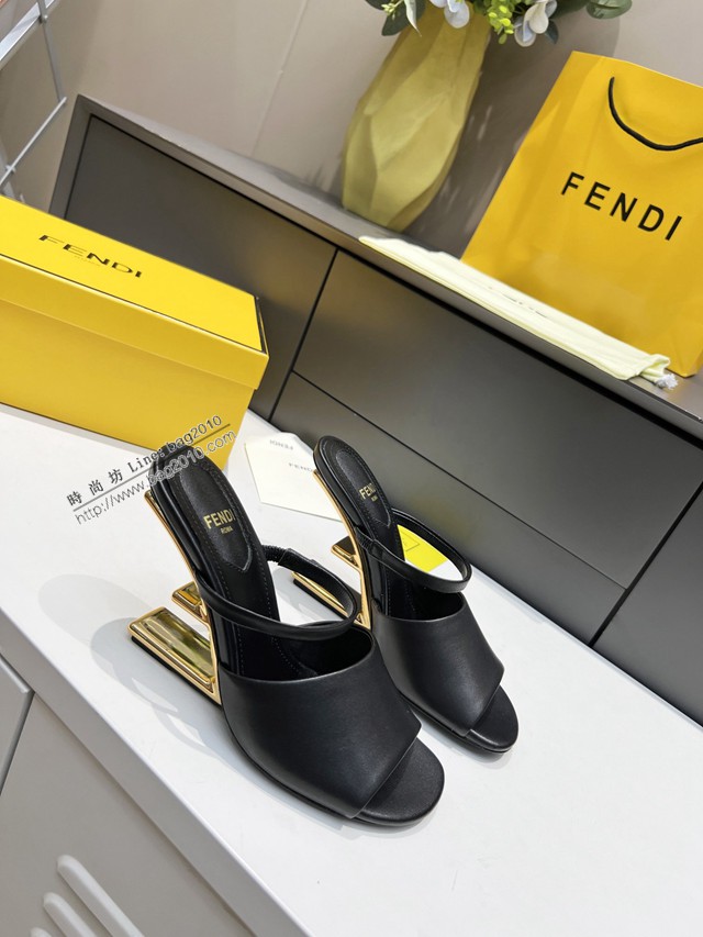 Fendi高跟涼拖鞋 芬迪First鞋 金色金屬斜對角F形立體鞋跟 dx3445